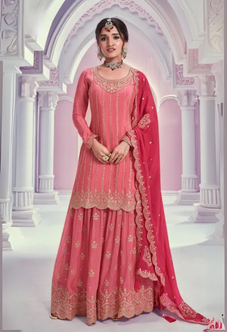 Memsaab Orange Embroidered Chinon Sharara Suit Set