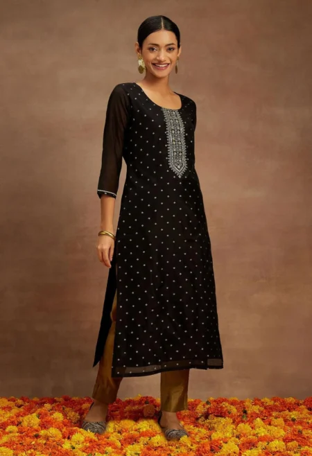 Memsaab Black Chanderi Silk Straight Kurta