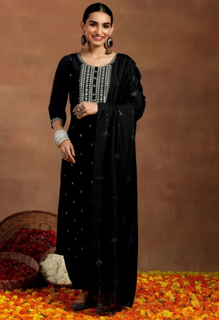 Memsaab Black Embroidered Sequinned Straight Kurta with Salwar and Dupatta