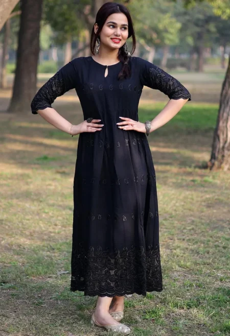 Memsaab Black Embroidered Woven A-Line Dress