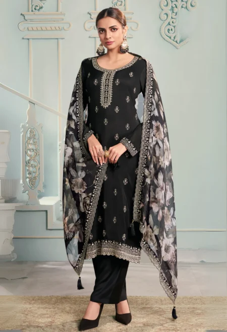 Memsaab Black Embroidery Georgette Floral Kurta Set