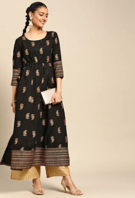 Memsaab Black Golden Paisley Printed Mirror Work Kurta