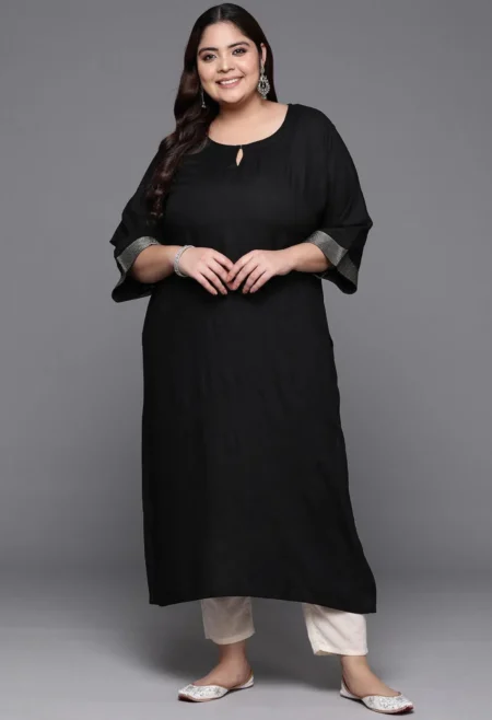 Memsaab Black Keyhole Neck Flared Sleeves Kurta