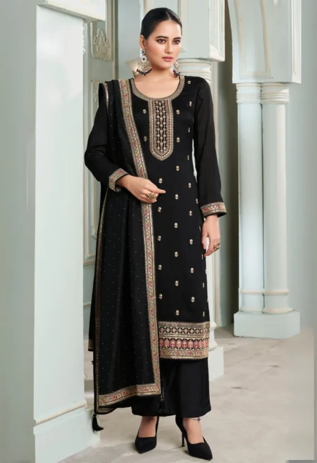 Memsaab Black Multi-Colour Embroidered Silk Suit