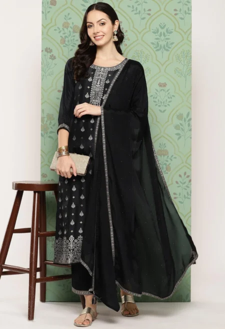 Memsaab Black Silk Kurta Set