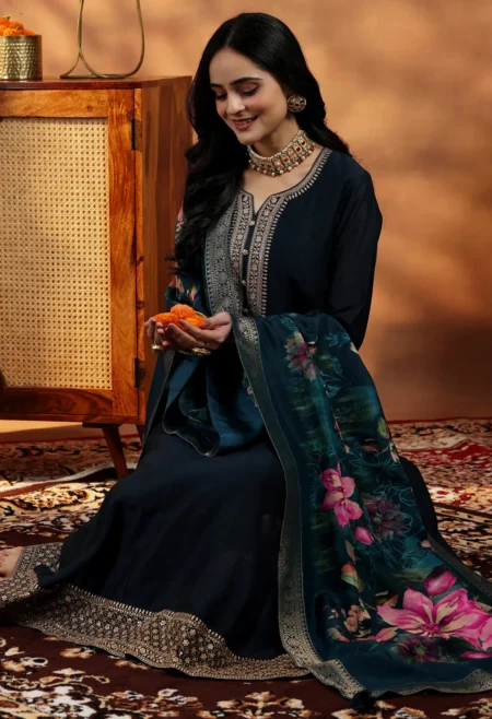 Memsaab Blue Anarkali Kurta with Trousers and Dupatta