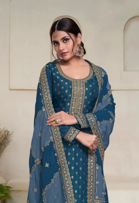 Memsaab Blue Dola Jacquard Sequined Kurta Set