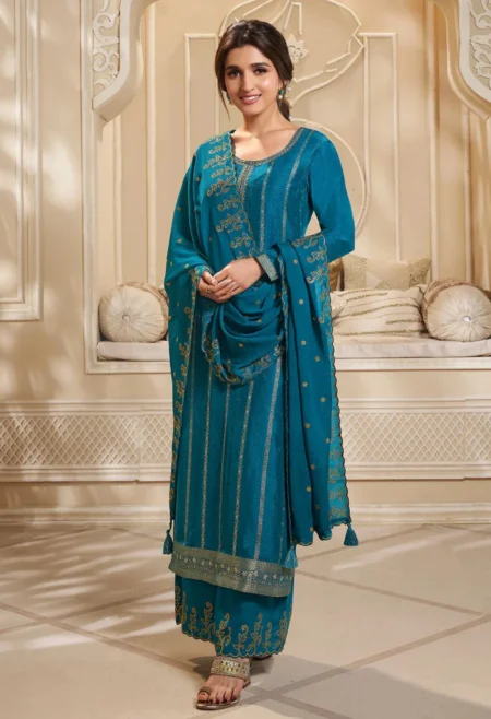 Memsaab Blue Dola Silk Palazzo Suit Set with Zari and Self Weave Top