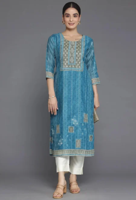 Memsaab Blue Embellished Chanderi Silk Straight Kurta