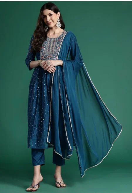 Memsaab Blue Embroidered Chanderi Silk Kurta Set