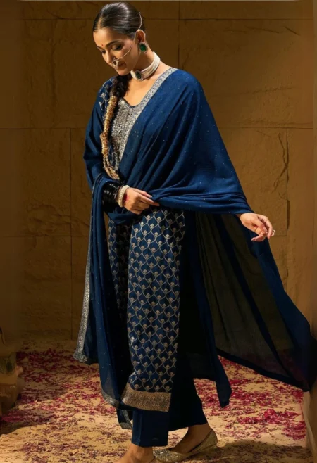 Memsaab Blue Embroidered V-Neck Jacquard Silk Suit Set