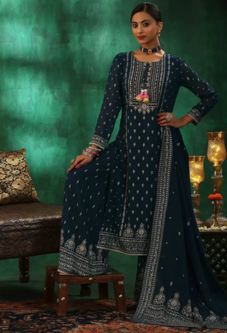 Memsaab Blue Gold-Toned Sequinned Georgette Kurta Set