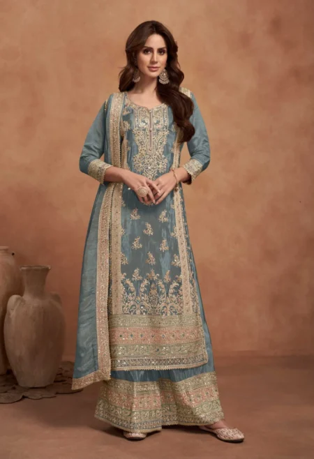 Memsaab Blue Heavy Embroidered Silk Suit with Zari Work