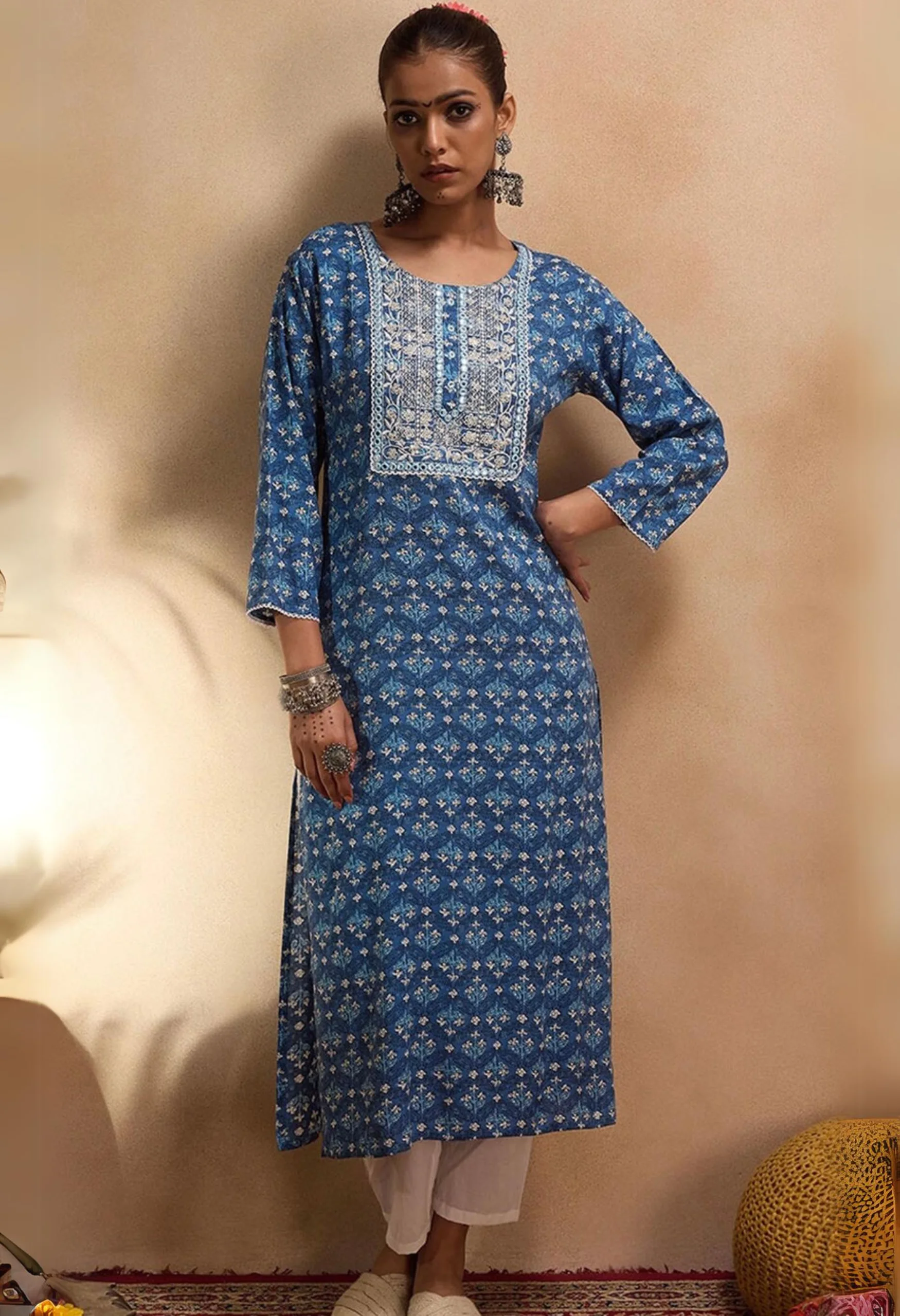 Memsaab Blue Mirror Work Ethnic Kurta