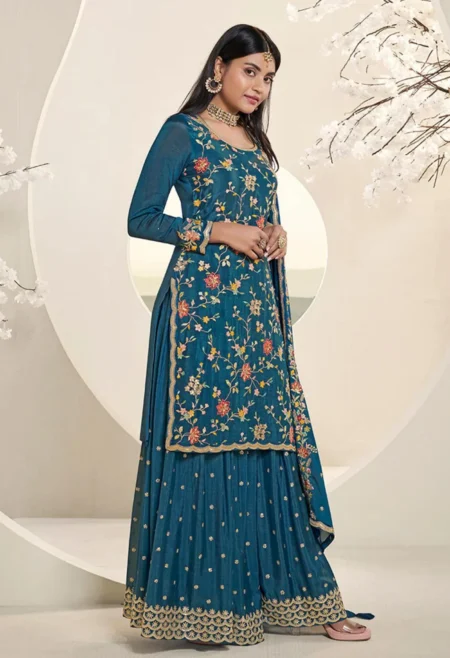 Memsaab Blue Multi-Color Floral Embroidered Sharara Suit Set