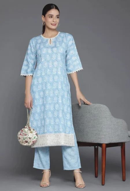 Memsaab Blue Printed Cotton Kurta and Palazzo Set