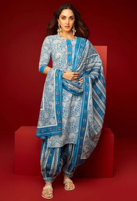 Memsaab Blue Printed Cotton Salwar Suit With Dupatta