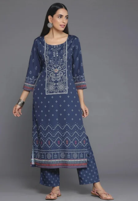 Memsaab Blue Printed Poly Crepe Kurta and Palazzo Set