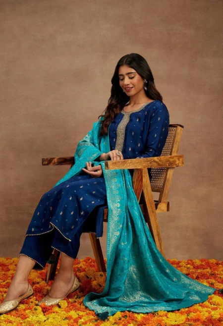 Memsaab Blue Printed Silk Straight Suit with Dupatta