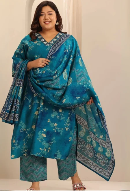 Memsaab Blue Silk Blend Printed Kurta Set for Women