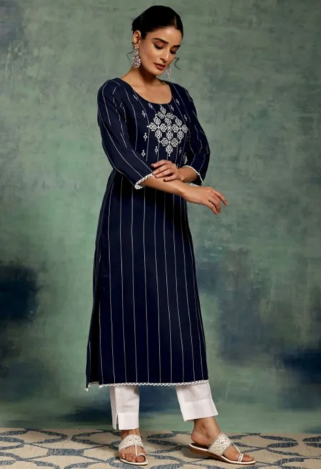 Memsaab Blue Striped Thread Work Dobby Kurta