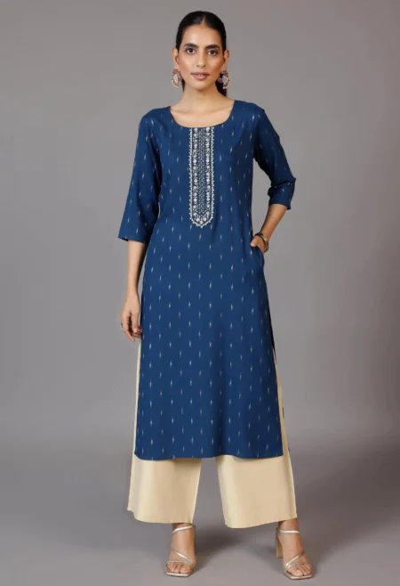 Memsaab Blue Woven Design Cotton Straight Kurta