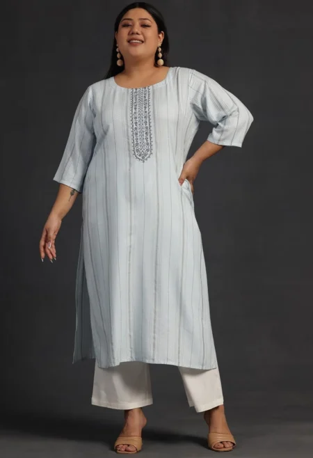 Memsaab Blue and Grey Striped Thread Work Kurta