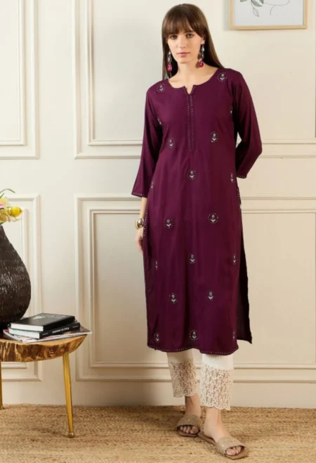 Memsaab Burgundy Embroidered Notch Neck Sequins Kurta