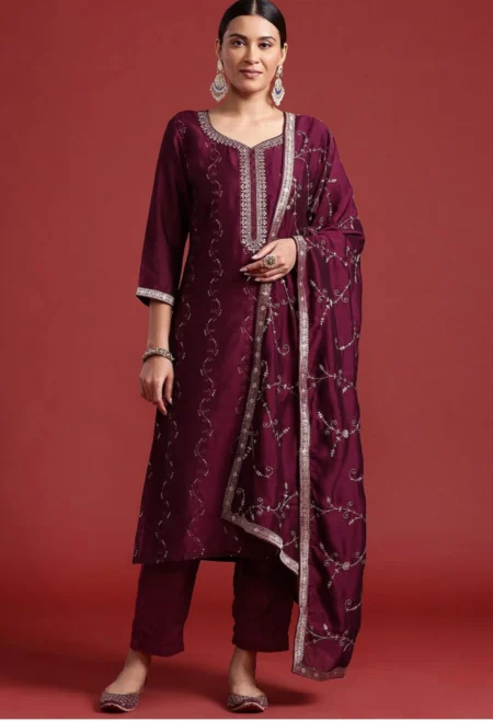 Memsaab Burgundy Embroidered Silk Kurta Set