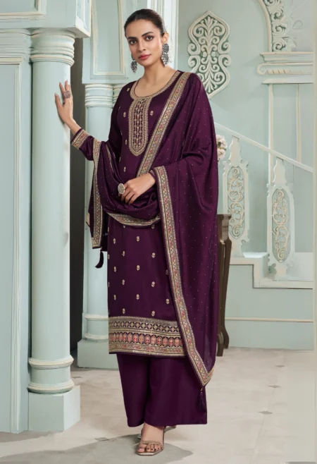 Memsaab Burgundy Multi-Colour Embroidered Silk Suit