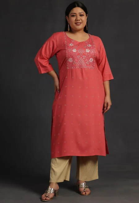 Memsaab Coral Round Neck Thread Work Kurta