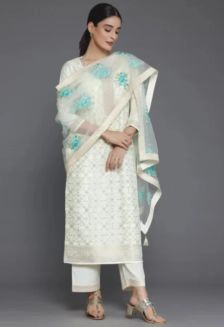 Memsaab Cream Woven Design Silk Straight Suit with Dupatta