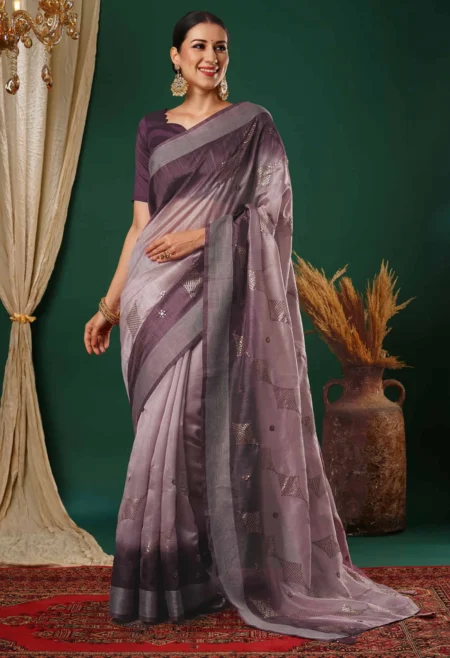 Memsaab Dusty Lavender Embroidered Silk Saree
