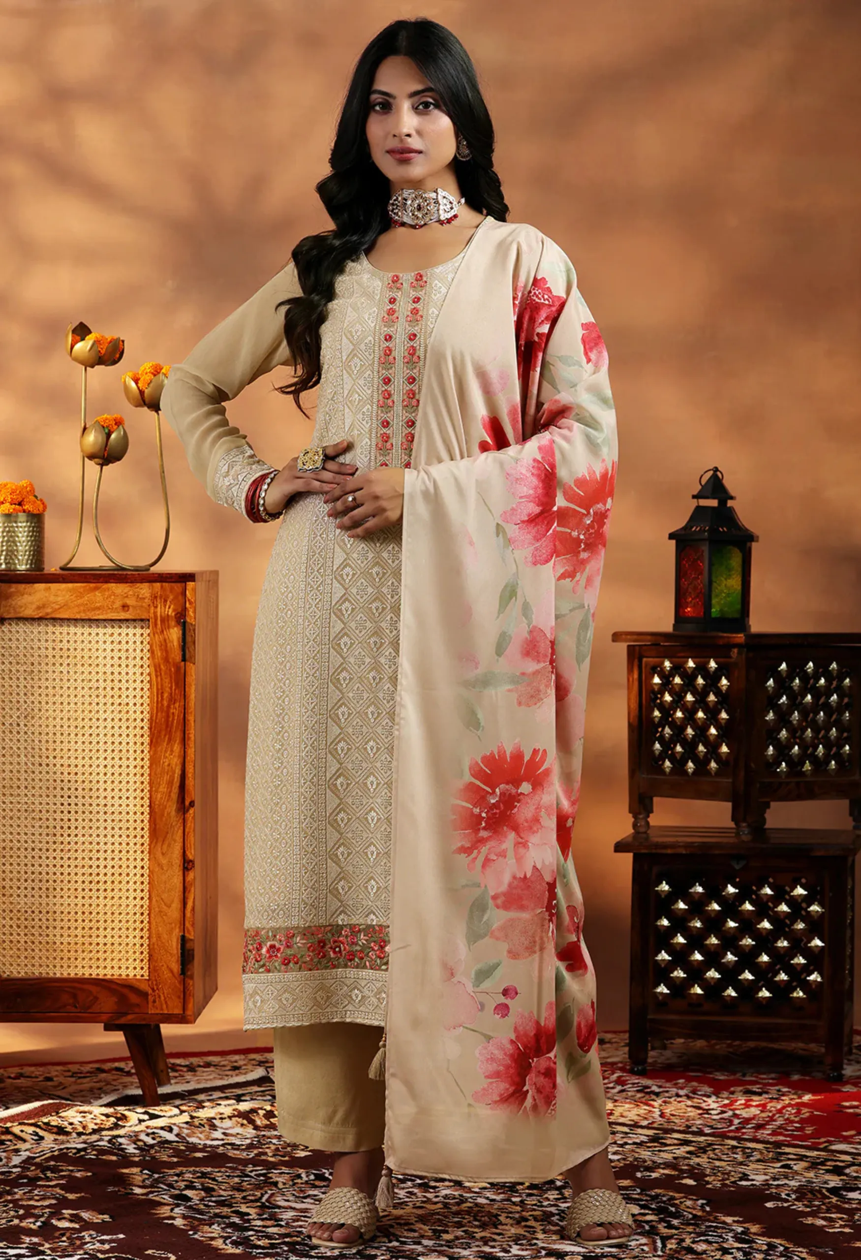 Memsaab Elegant Beige Thread Work Kurta Set