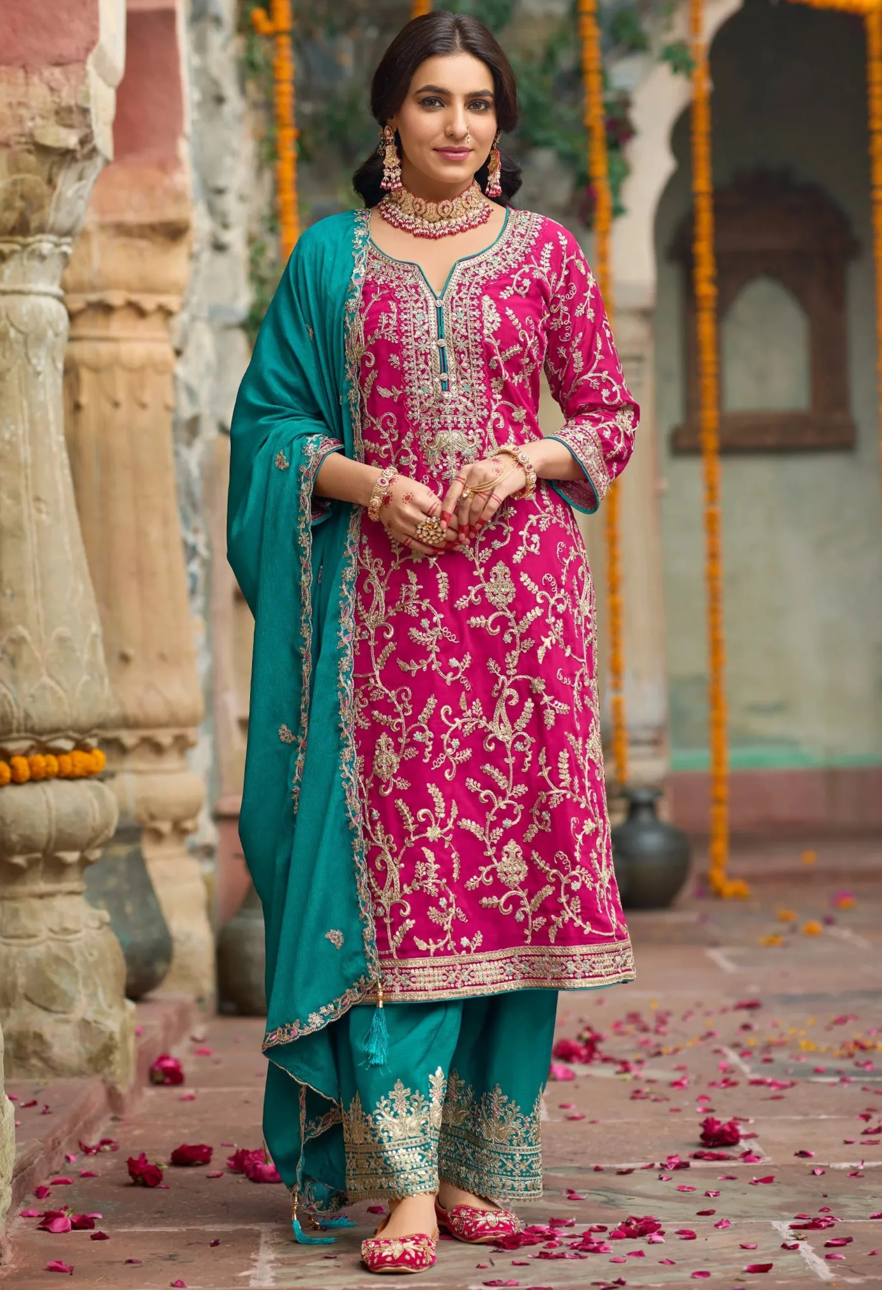 Memsaab Elegant Pink Embroidered Kurta Set