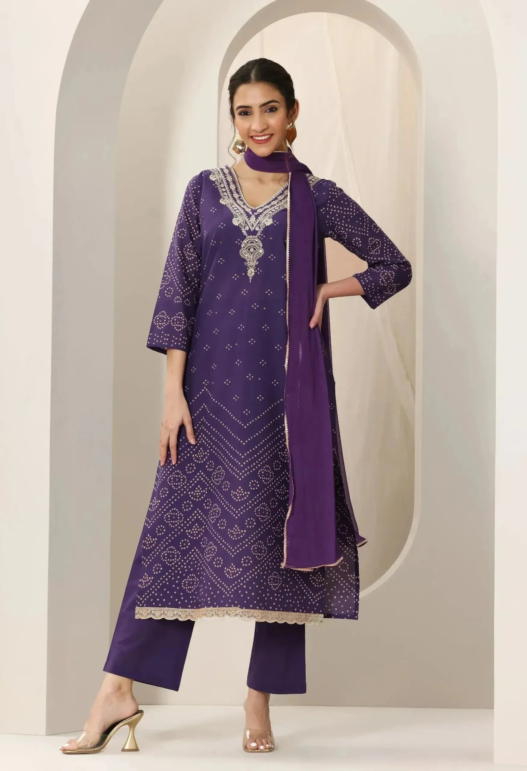 Memsaab Elegant Purple Bandhani Kurta Set