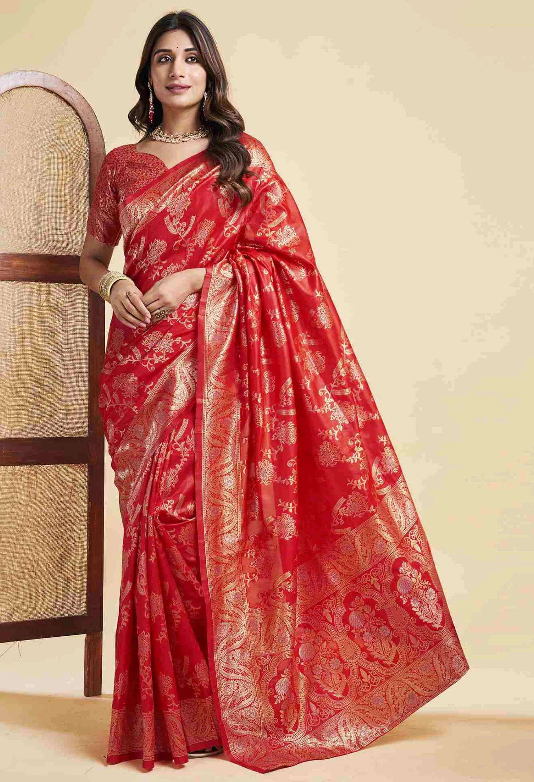 Memsaab Elegant Red Floral Banarasi Silk Saree