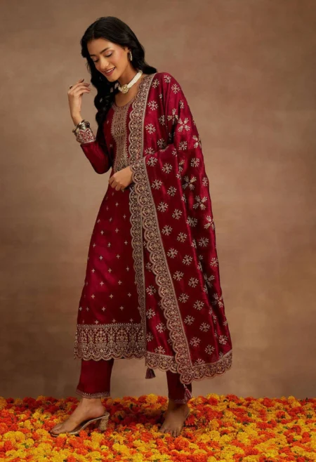Memsaab Fuchsia Embroidered Silk Pakistani Suit