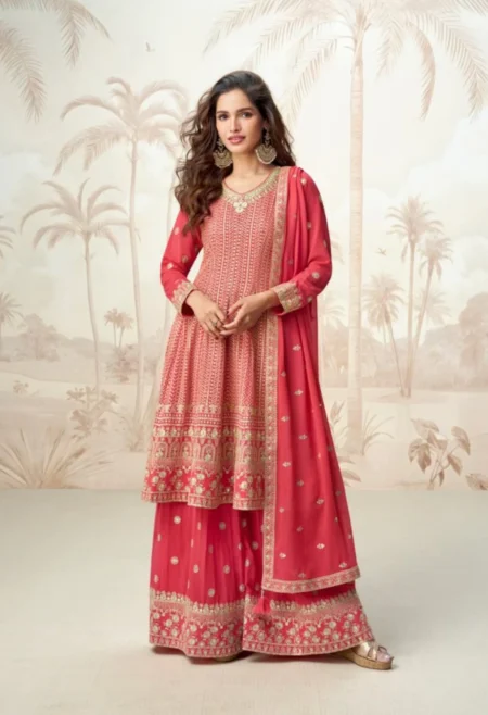 Memsaab Glam Orange Sharara Suit with mirror work and scalloped dupatta for festive wear
