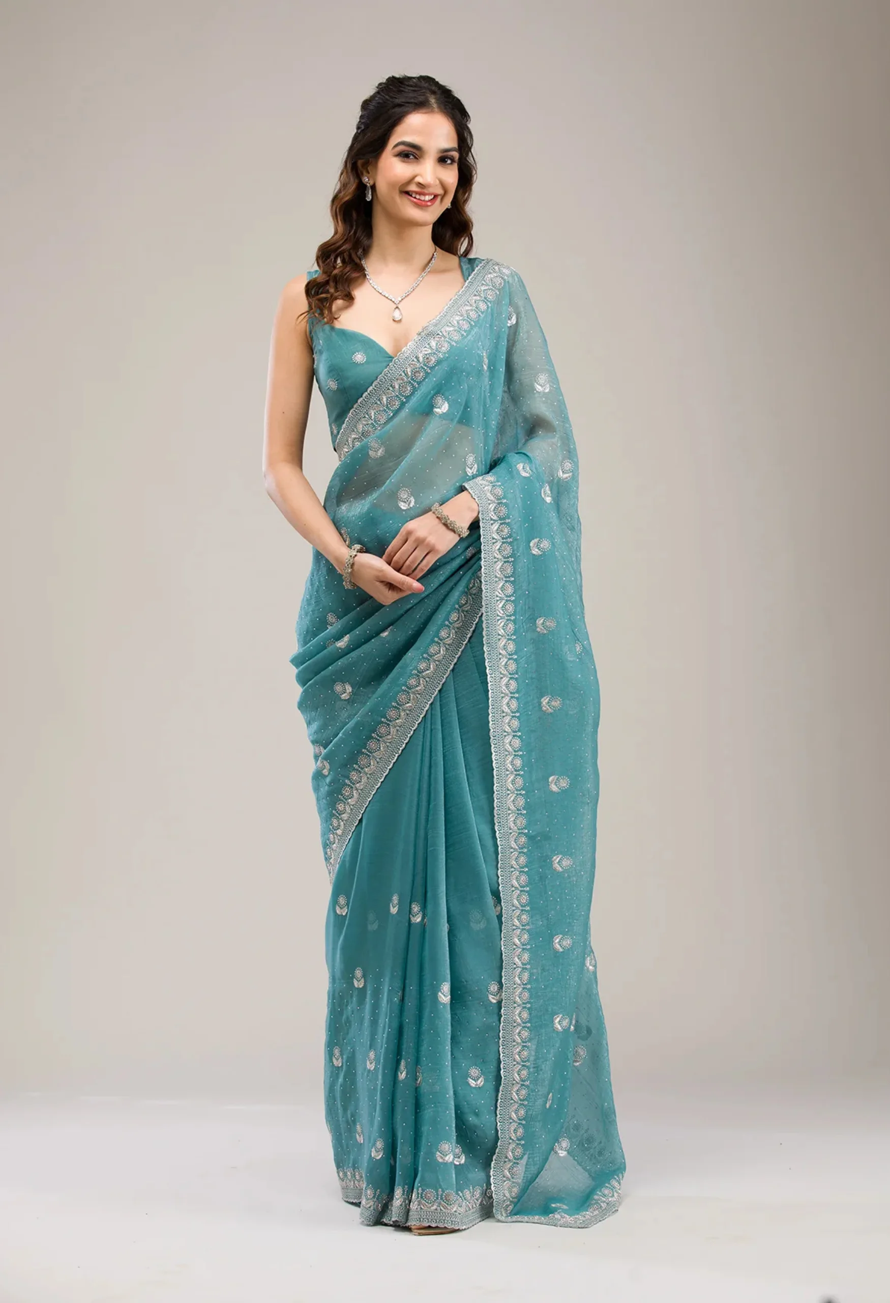 Memsaab Graceful Sea Green Zariwork Tissue Saree