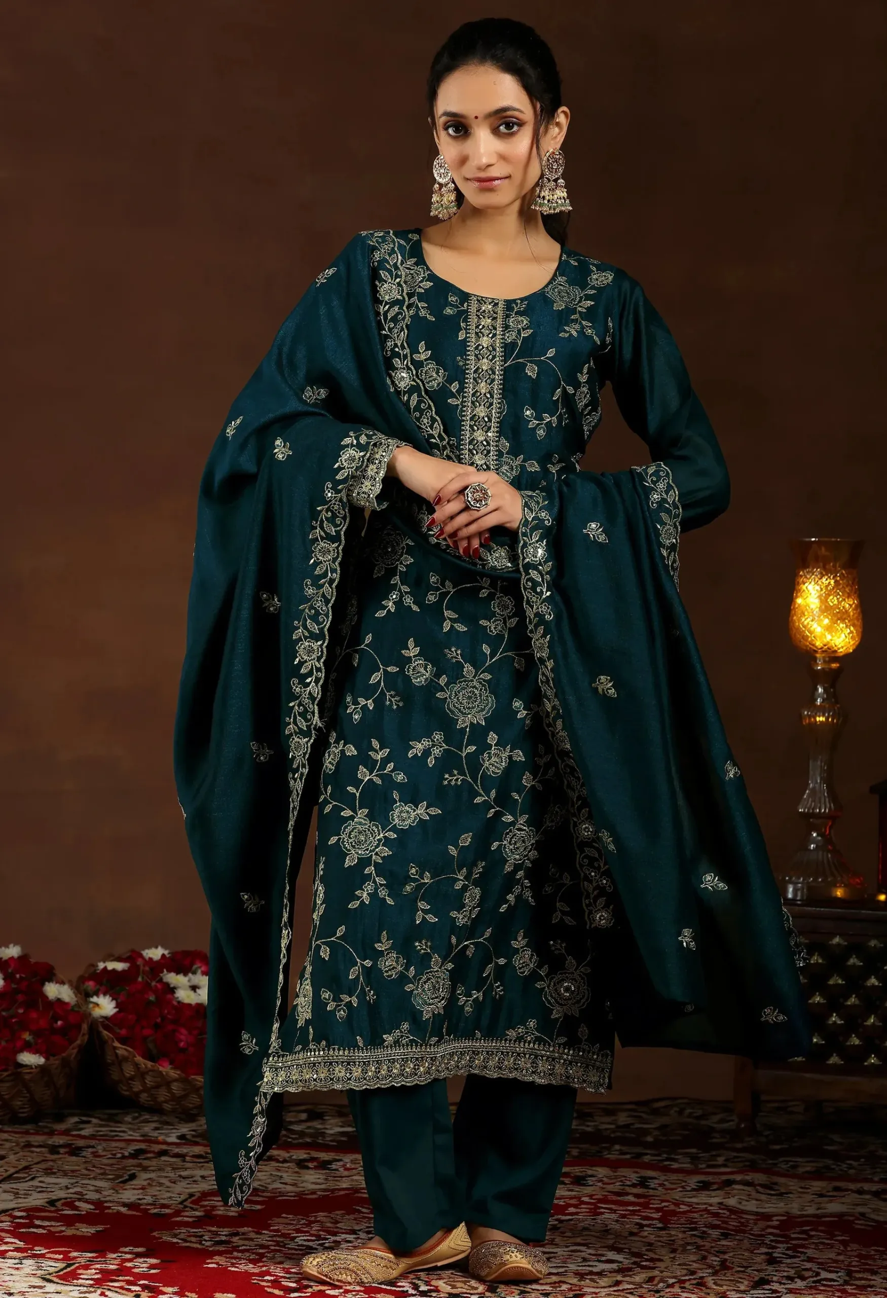 Memsaab Graceful Teal Embroidered Silk Kurta Set