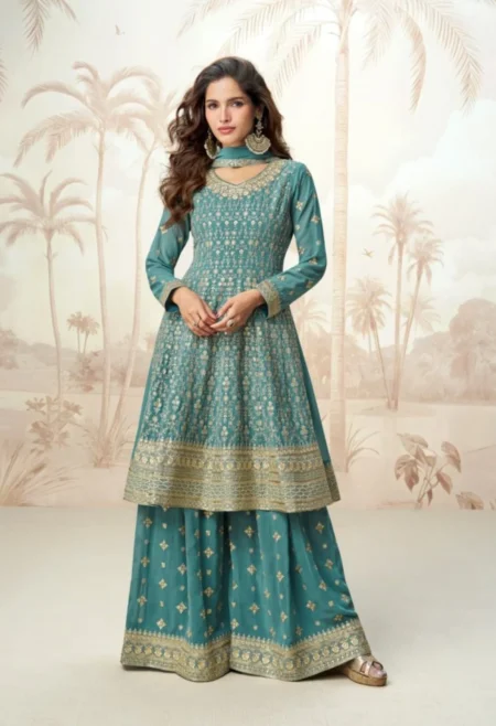 Memsaab Graceful Turquoise Sharara Suit with mirror embroidery and scalloped sharara for weddings and festive wear
