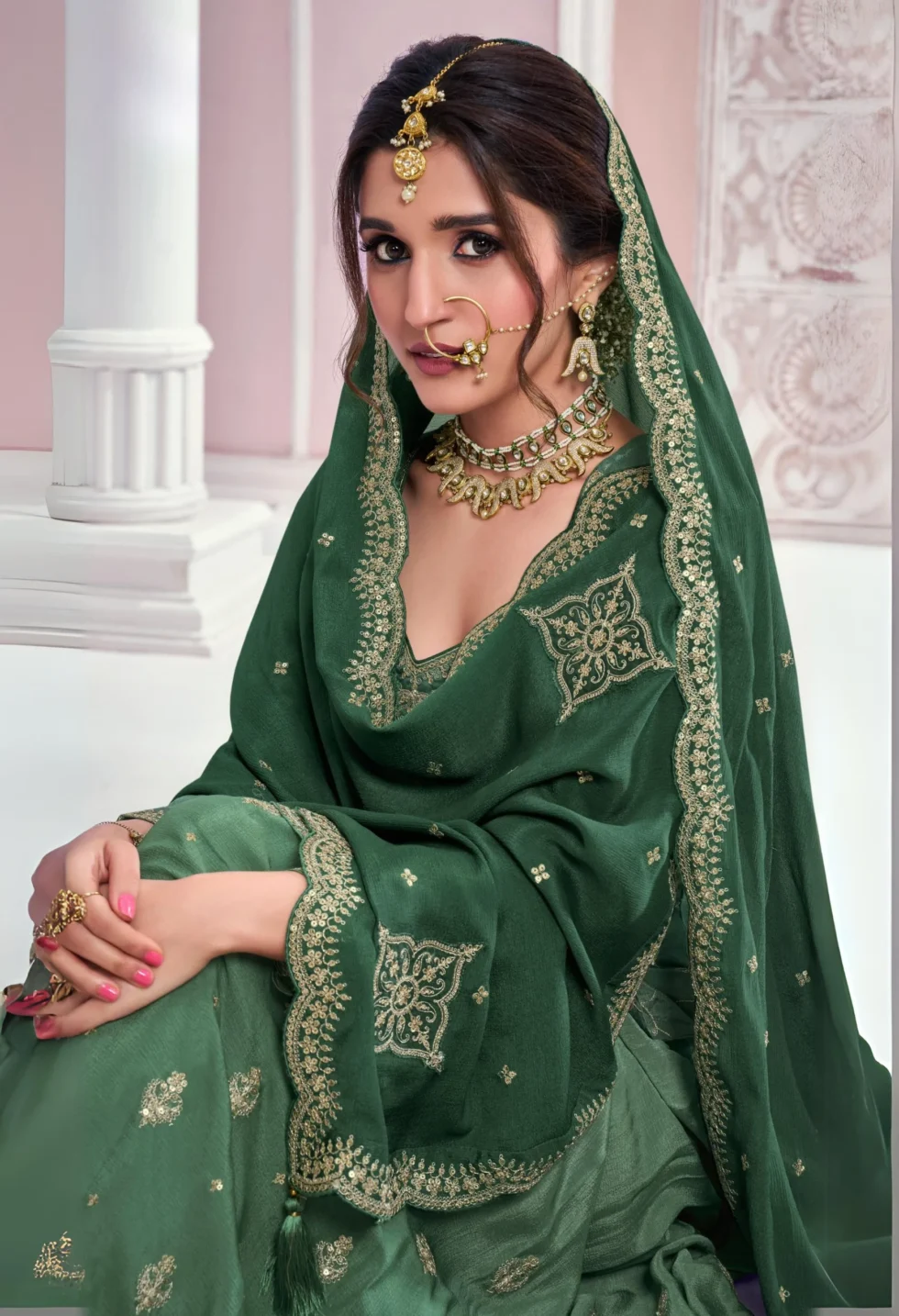 Memsaab Green Embroidered Chinon Sharara Suit Set 1