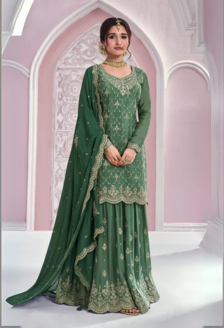 Memsaab Green Embroidered Chinon Sharara Suit Set