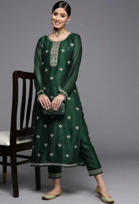 Memsaab Green Embroidered Silk Kurta