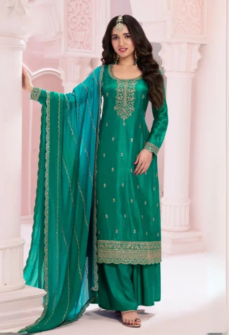 Memsaab Green Embroidered Silk Sharara Suit Set