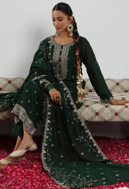 Memsaab Green Floral Zari Embroidered Straight Kurta Set