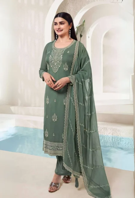 Memsaab Green Lucknowi Embroidery Suit Set