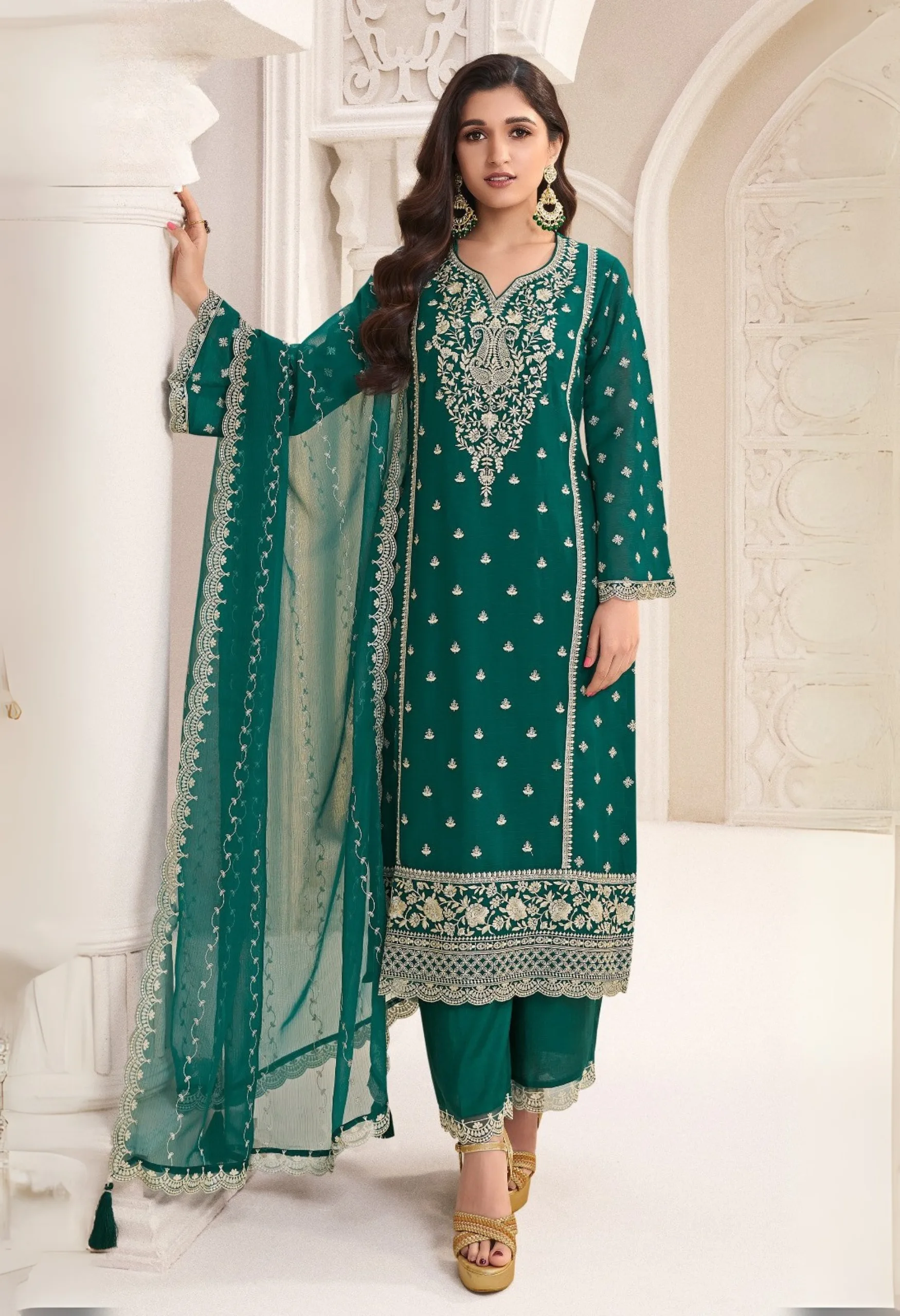 Memsaab Green Regal Thread Embroidered Kurta Set