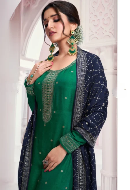 Memsaab Green Thread Embroidered Silk Suit Set